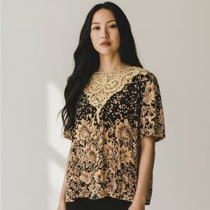 Boho Floral Lace Collar Blouse Cottagecore Top Size L